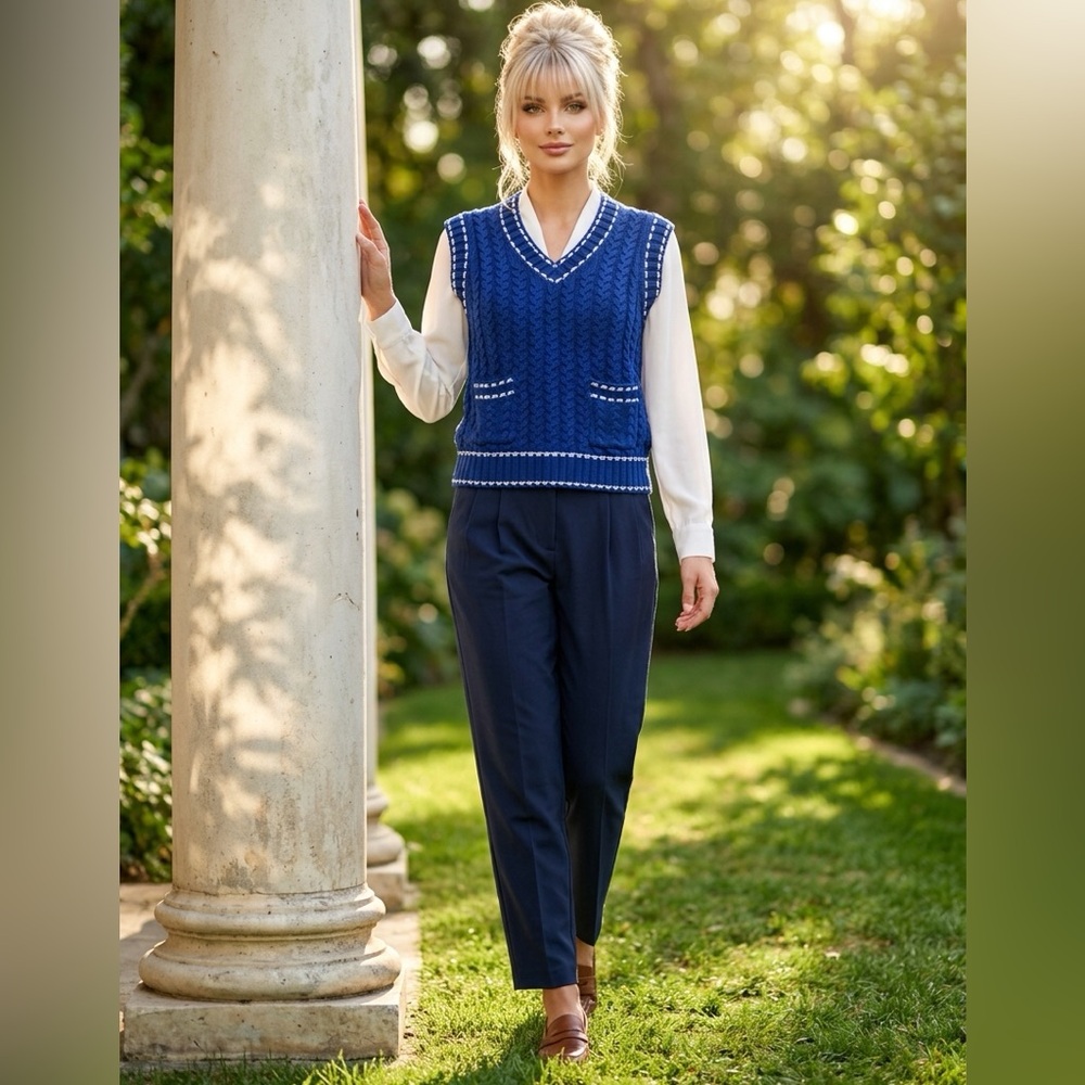 DAVI & DANI Cable Navy Knit Vest with White Trim​